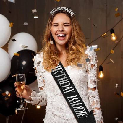 Aprince Birthday Baddie Sash and Tiara Crown for Women Girls Black Gold Happy Birthday Headband Accessiores Party Decorations
