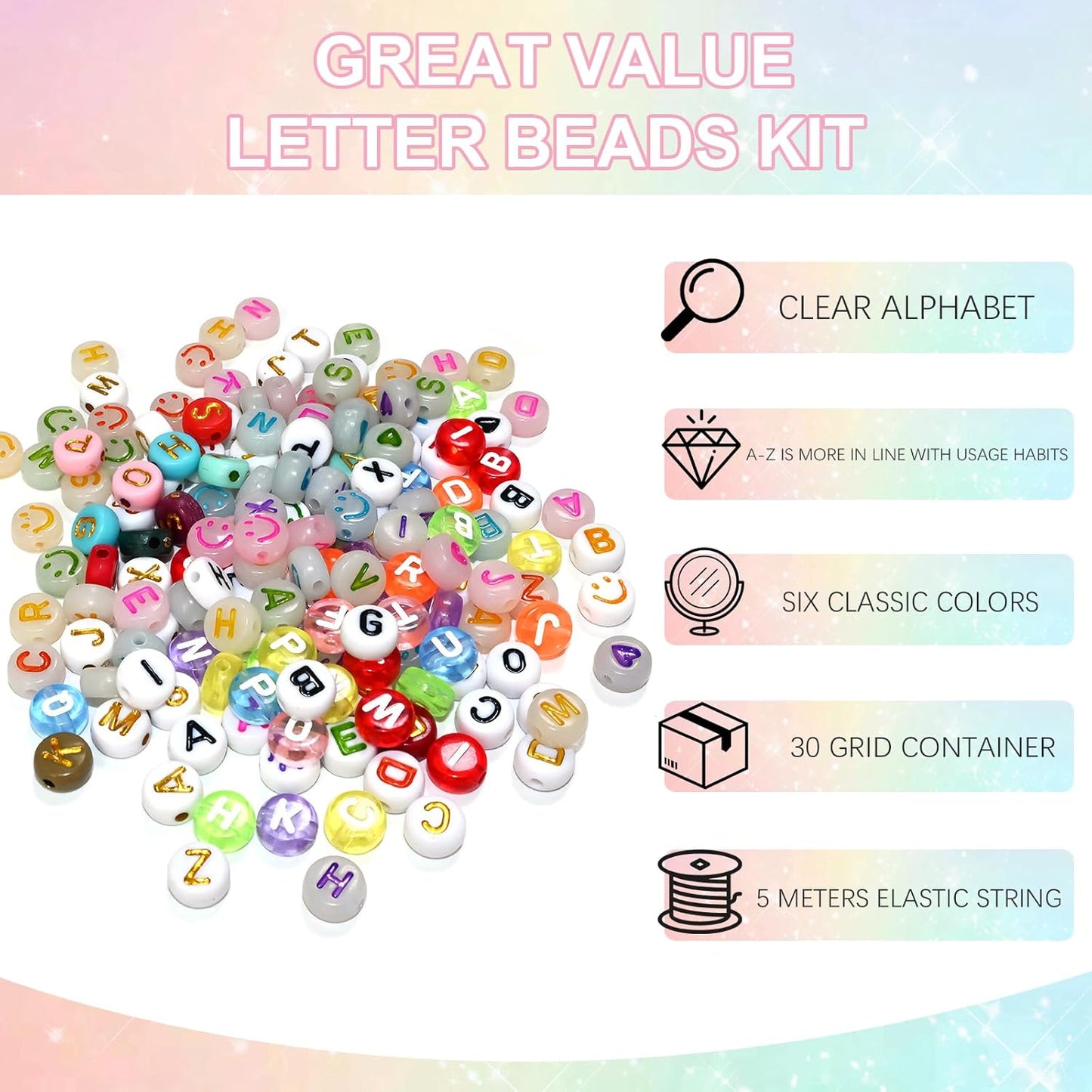 Amaney 1400pcs Glow Letter Beads, Heart Beads Whit Elastic Beading Cord,4x7mm Round Acrylic Alphabet Beads for Friend Bracelet Jewelry Making