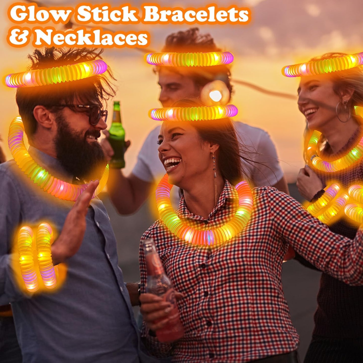 Orange Glow Sticks Party Favors Supplies for Kids 24 PCS,4th of July LED Light up Pop Tubes for Toddlers,Neon Necklaces Bracelets Accessories,Birthday Dance Party 250th Anniversary Camping Toys Gifts