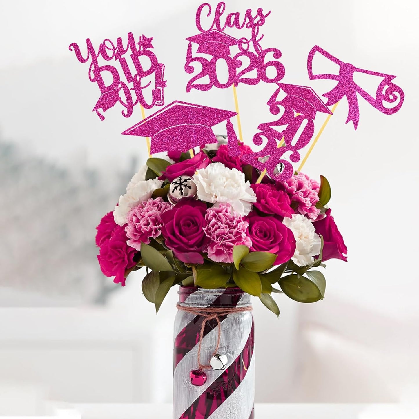 Graduation Centerpiece Sticks 24PCS Glitter Grad Picks Party Table Decor Senior High School College Sign Gold
