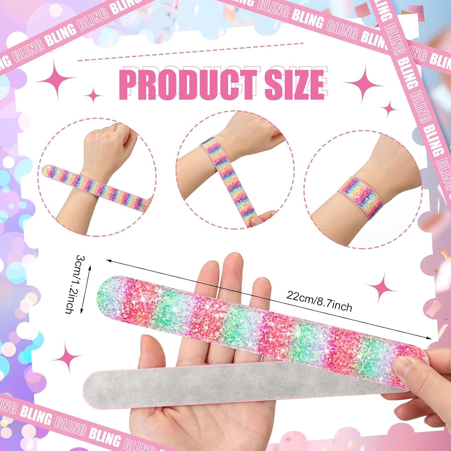 Sotiff 24 Pcs Glitter Slap Bracelets for Girls Sparkly Snap Shine Sequin Bracelet Bulk Wristband Accessories for Teen Youth Birthday Party Favors Supplies
