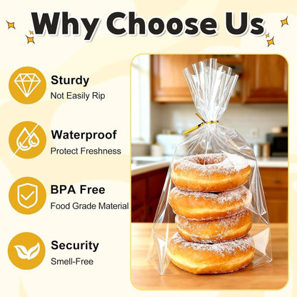 PigPotParty Cellophane Treat Bags 6x9 Inch, 50 Pack Clear Goodie Bags with Bottom Gusset for Stand-Up Display, Small Plastic Gift Wrap for Cookies, Candy, Party Favors, Popcorn, Includes 50 Gold Ties