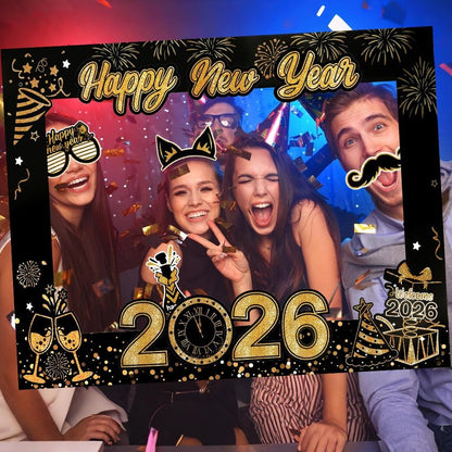 30Pcs New Years Eve Party Supplies 2026 Photo Booth Props Set with Frame 2026 Happy New Year Decorations Selfie Frames NYE Decoration for Parties Selfie Props Photography Decorations
