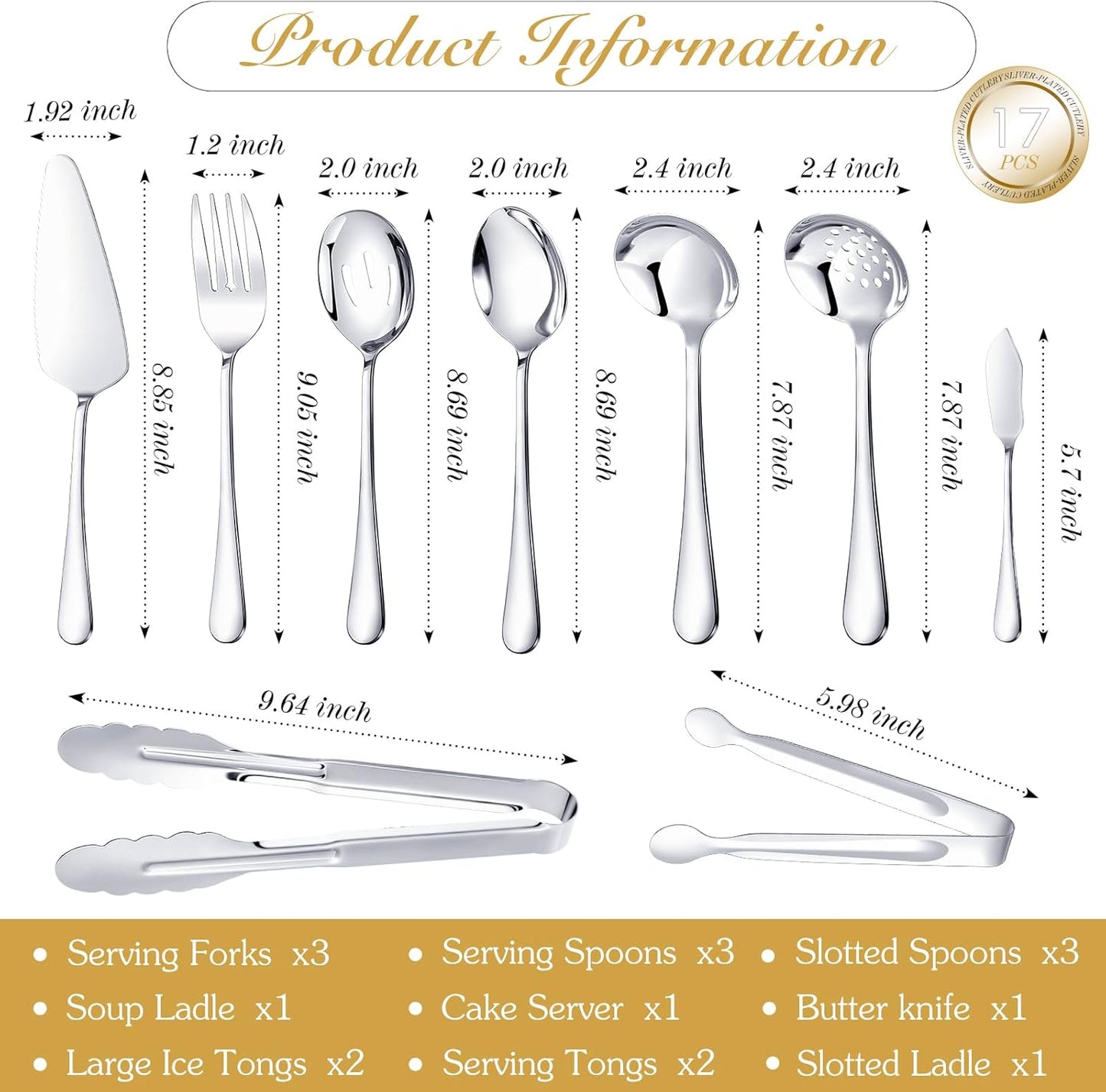 Mwellewm 17Pcs Serving Utensils, Gold Stainless Steel Serving Spoons, Slotted Spoon, Fork, Tongs, Cake Pie Server, Soup Spoon, Metal Buffet Banquet Cutlery Set for Parties Entertaining Catering