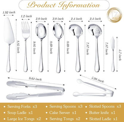 Mwellewm 17Pcs Serving Utensils, Gold Stainless Steel Serving Spoons, Slotted Spoon, Fork, Tongs, Cake Pie Server, Soup Spoon, Metal Buffet Banquet Cutlery Set for Parties Entertaining Catering