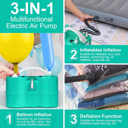 Electric Balloon Pump, Dagelar 3-in-1 Air Pump for Inflatables and Balloons, Portable Balloon Pump for Latex 260Q Long Foil Balloons, 110V Dual Nozzle Inflator Deflator for Pool Floats Air Beds (Teal)