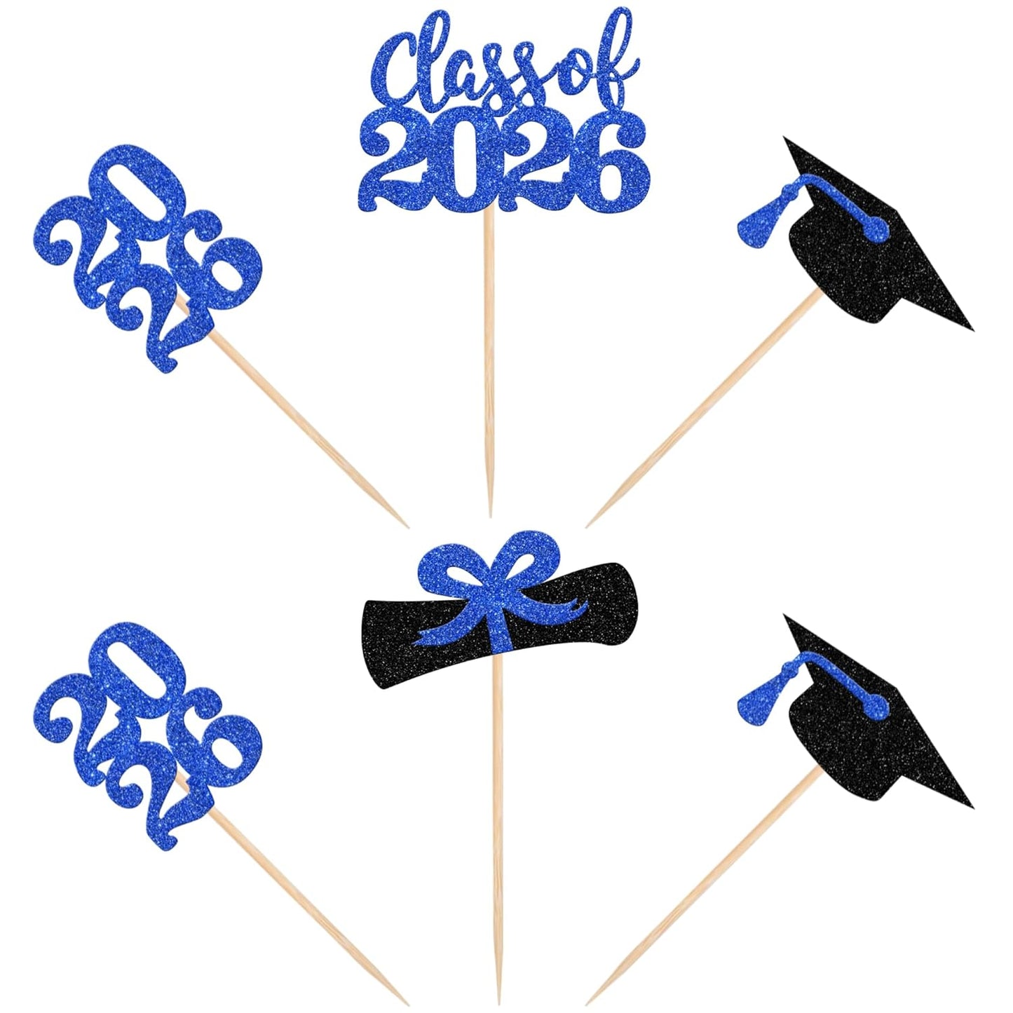 36 PCS 2026 Graduation Theme Cupcake Toppers Glitter Class of 2026 Grad Cap Diploma Cupcake Picks 2026 Graduation Theme Party Cake Decorations Supplies Deep Blue