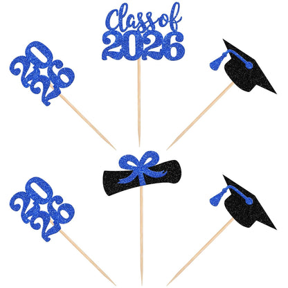 36 PCS 2026 Graduation Theme Cupcake Toppers Glitter Class of 2026 Grad Cap Diploma Cupcake Picks 2026 Graduation Theme Party Cake Decorations Supplies Deep Blue