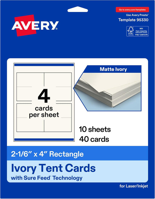 Avery Printable Rectangle Tent Cards, Sure Feed Technology, 2-1/6" x 4", Matte Ivory Cardstock, Print-To-The-Edge, Laser/Inkjet Printable, 100 Total