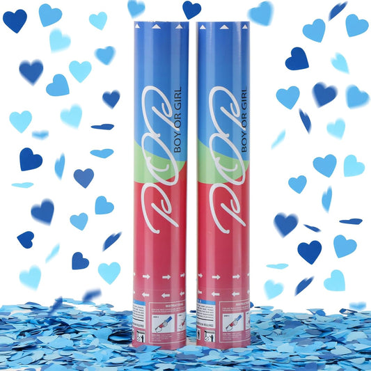 Gender Reveal Confetti Poppers, Blue Confetti Cannon 2 Pack with Heart Shaped Party Confetti for Baby Shower, Birthday, Gender Reveal Party Supplies - 12 inch