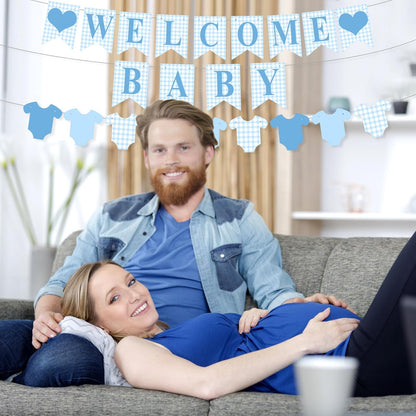 Hahafelt 1 Pcs Blue Gingham Welcome Baby Boy Banner for Baby Shower Party Decorations Pre Strung Gender Reveal Paper Banner for Table, Wall, Mantel Display Party Decor Supplies