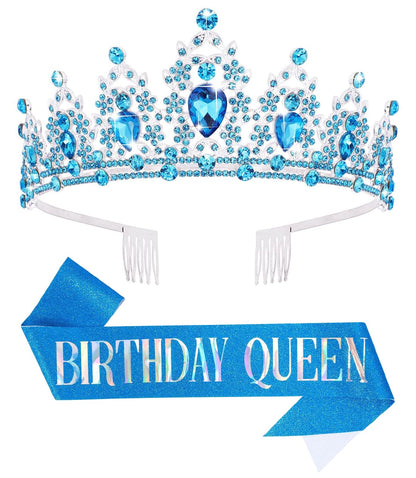 Birthday Tiara Crown with Sash for Women, Headband Hair Accessories for Wedding Party Costume