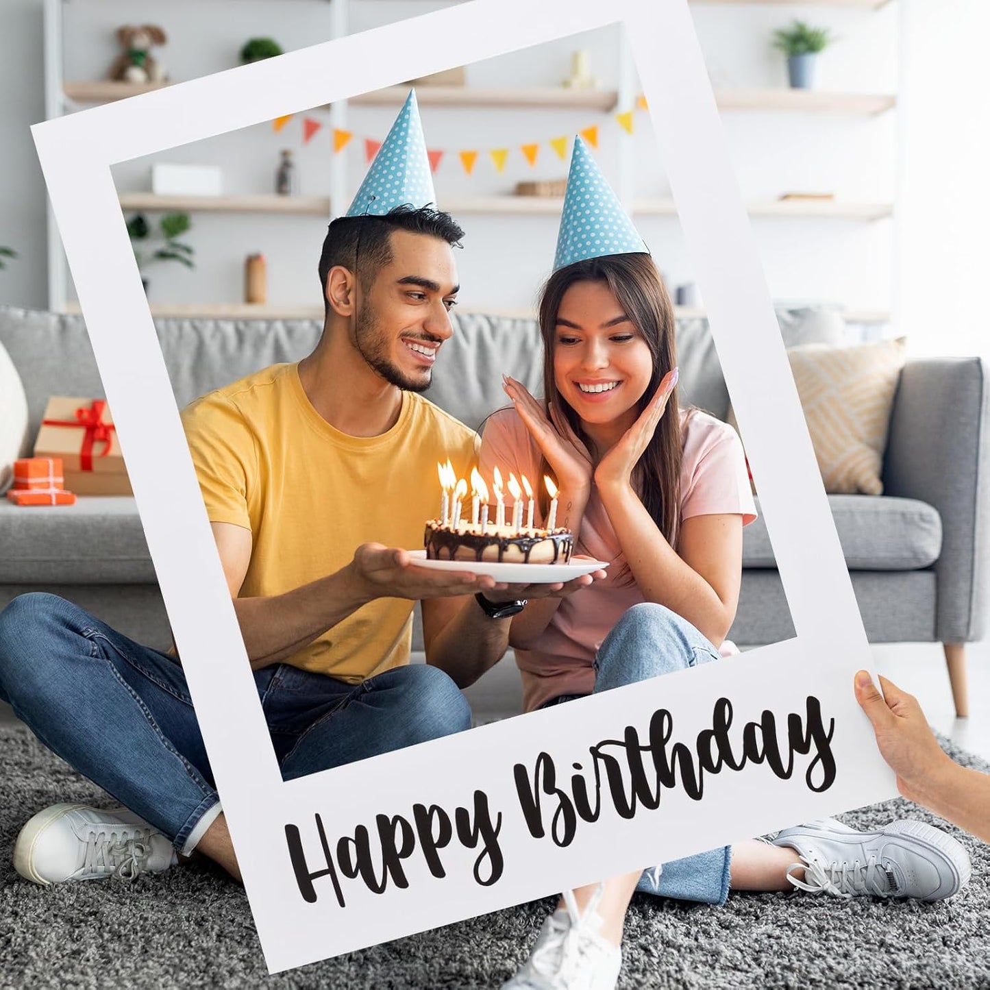 Beeveer 32 x 24 Inch Extra Large Happy Birthday Photo Booth Selfie Frame Props Picture DIY Cutouts Photo Backdrop Cardboard Props for Party Supplies Favors(Vertical,Shiny Gold)