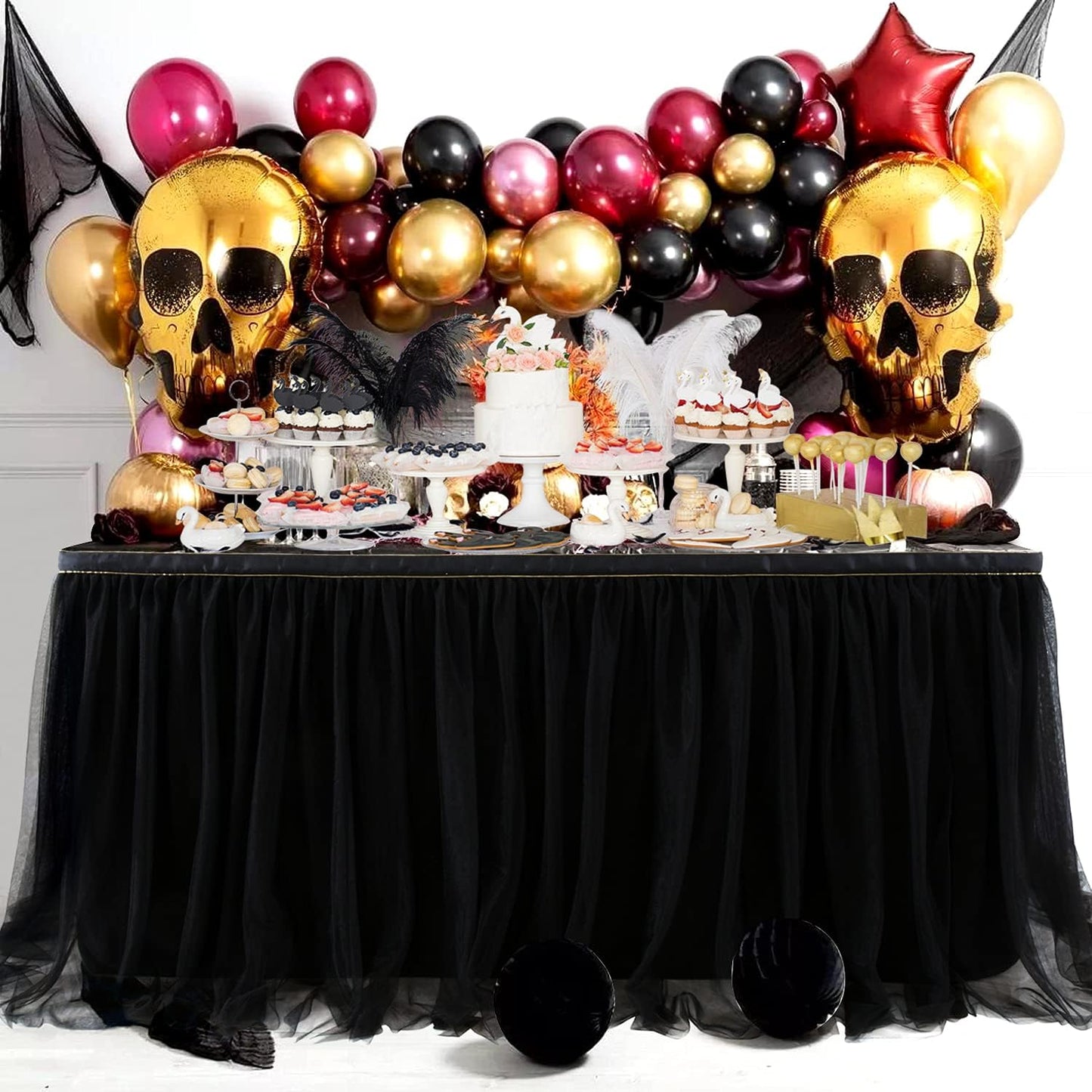 72inch Champagne Gold Tulle Table Skirts for Rectangle Round Tables, Gold Grim Ruffle Tulle Tutu Cloth Table Skirt 6ft for Wedding Birthday Party Cake Dessert Decor(No Top Cover)
