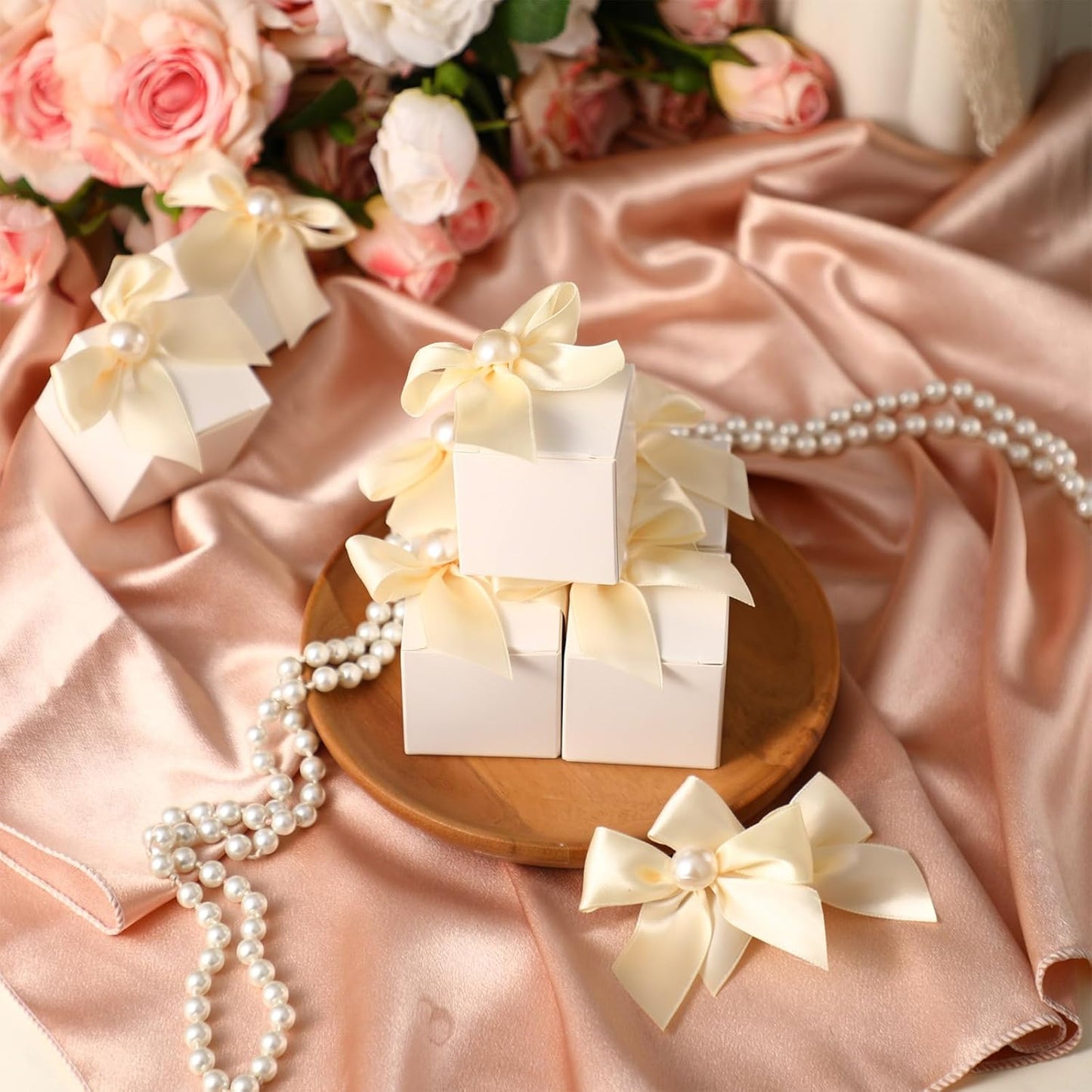 Motiskyy 50 Pcs Wedding Small Party Favor Boxes with Pearl Bow 2.36 x 2.36 x 2.36 Inch Ivory White Chocolate Treat Gift Mini Candy Boxes Wedding Souvenirs for Guests Bridal Shower Birthday Party