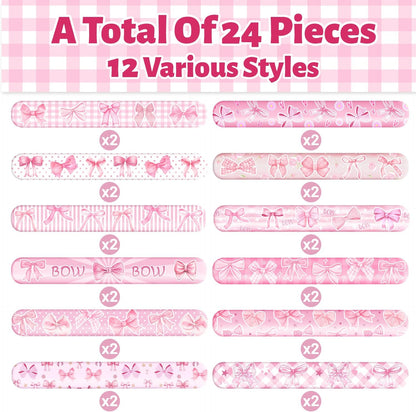 74 PCS Coquette Party Favors - 50 Pink Bow Stickers, 24 Slap Bracelets - Birthday Decorations Supplies for Kids, Girls, Women