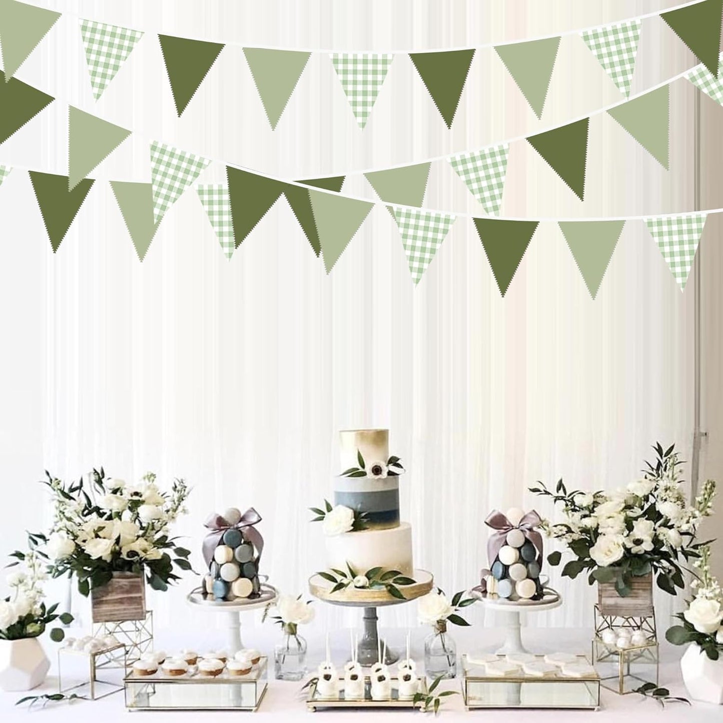 32Ft Dusty Blue Party Decorations Retro Blue Gingham Triangle Banner Flag Pennant Fabric Garland Streamers for Nautical Wedding Birthday Ahoy Achor Bridal Baby Shower Under The Sea Decor Supplies