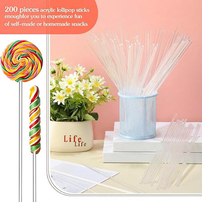 Zopeal 200 Pcs Acrylic Lollipop Sticks Clear Cake Pops Rods Cake Topper Candy Cupcake Treat Stick for Wedding Chocolate Cookie Dessert Handmade DIY Crafts Party Decor Gardening(6 x 0.12 Inches,Clear)