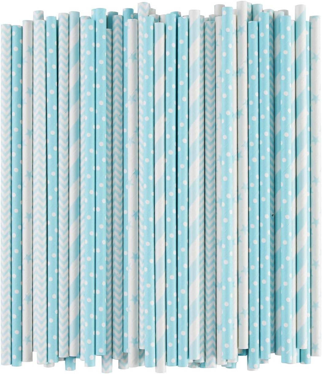 ALINK Biodegradable Light Blue White Paper Straws, Pack of 100 Party Straws for Juice, Cocktail, Smoothies, Birthday, Wedding, Bridal/Baby Shower and Christmas Decorations Supplies