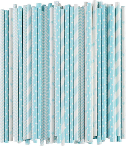 ALINK Biodegradable Light Blue White Paper Straws, Pack of 100 Party Straws for Juice, Cocktail, Smoothies, Birthday, Wedding, Bridal/Baby Shower and Christmas Decorations Supplies