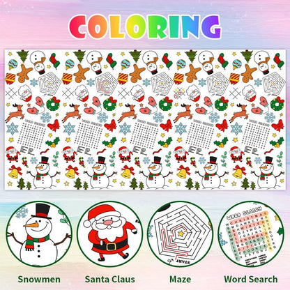 Labeol 1 Pack Christmas Tablecloth, 108"x 54" Christmas Coloring Tablecloth for Kids, Santa Claus Snowman Reindeer Maze Color-in Paper Table Cover for Winter Party Arts and Crafts