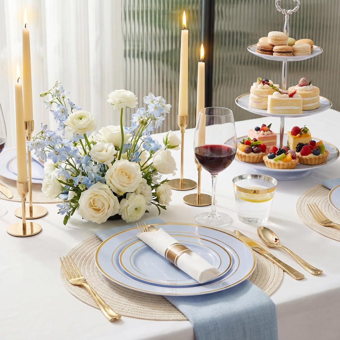 350 Pieces Black and Gold Plastic Plates with Disposable Silverware, Include 50 Dinner Plates 9”, 50 Dessert Plates 6.3”, 50 Black Cups 9 OZ, 50 Pre Rolled Napkins for Wedding Party Graduation