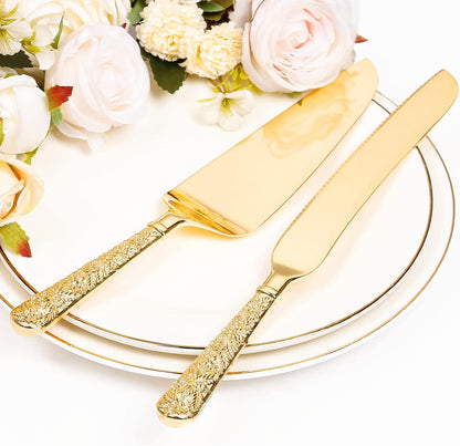 Wedding Cake Knife and Server Set, Personalized Gold Cake Cutting Set for Wedding, Engraved Classic Cake Knives Cutter Set, Pie Server, Birthday Bridal Quinceañera Gift (CUS-Flower)