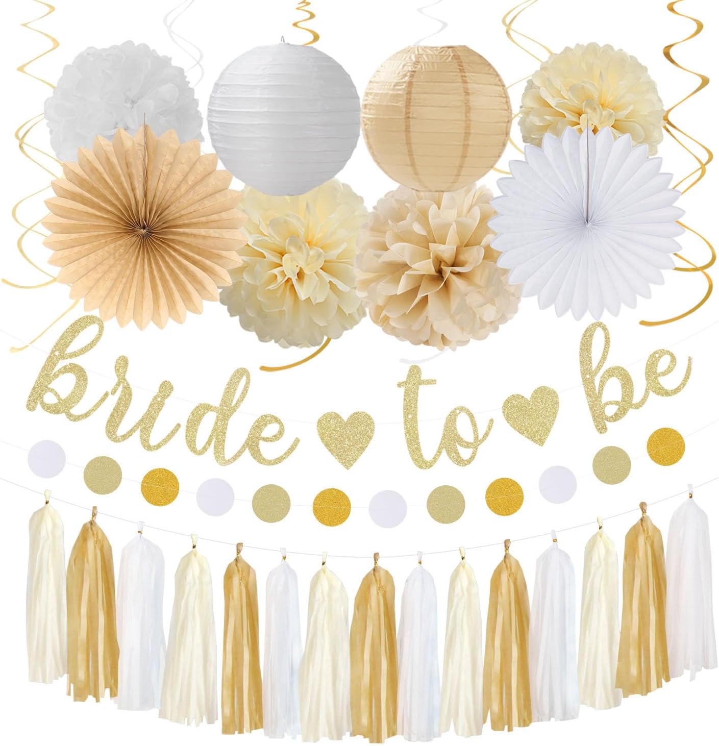 Champagne-Gold Beige Fall Baby-Shower Party-Decorations - 36pcs Welcome Home Banner Sign,Neutral Paper Lanterns,Girl Streamers Garland,Boho Hanging Tissue Pom Poms Flowers Fans Backdrop Decor Burgleda