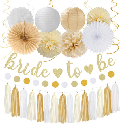 Champagne-Gold Beige Fall Baby-Shower Party-Decorations - 36pcs Welcome Home Banner Sign,Neutral Paper Lanterns,Girl Streamers Garland,Boho Hanging Tissue Pom Poms Flowers Fans Backdrop Decor Burgleda