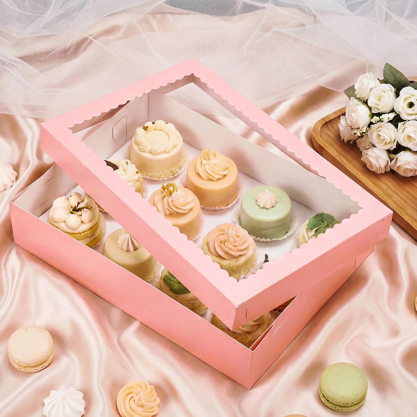 Sinload 10 Pcs 14x10x4 Inch 1/4 Sheet Cake Boxes 5pcs Large Rectangle Bakery Boxes with 5pcs Cake Boards for Pastry Baking, Cupcakes, Donuts, Cookies, Pie Treat Packaging