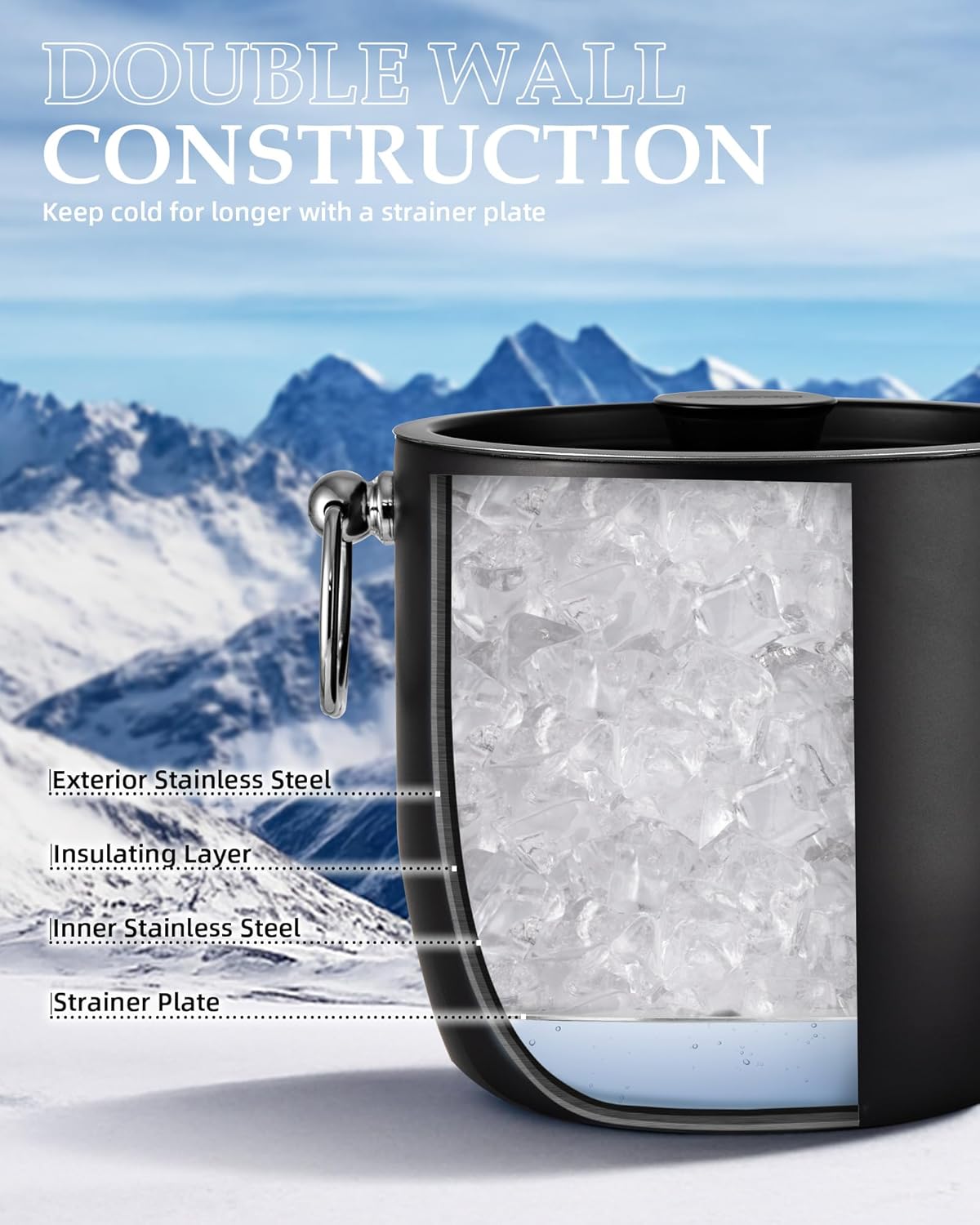 Insulated Ice Bucket, 3L Double Wall Stainless Steel Ice Bucket with Tongs,Lid, Scoop and Strainer, Ice Buckets for Parties,Cocktail Bars, Chilling Beer, Champagne, Wine Bottles,Wood