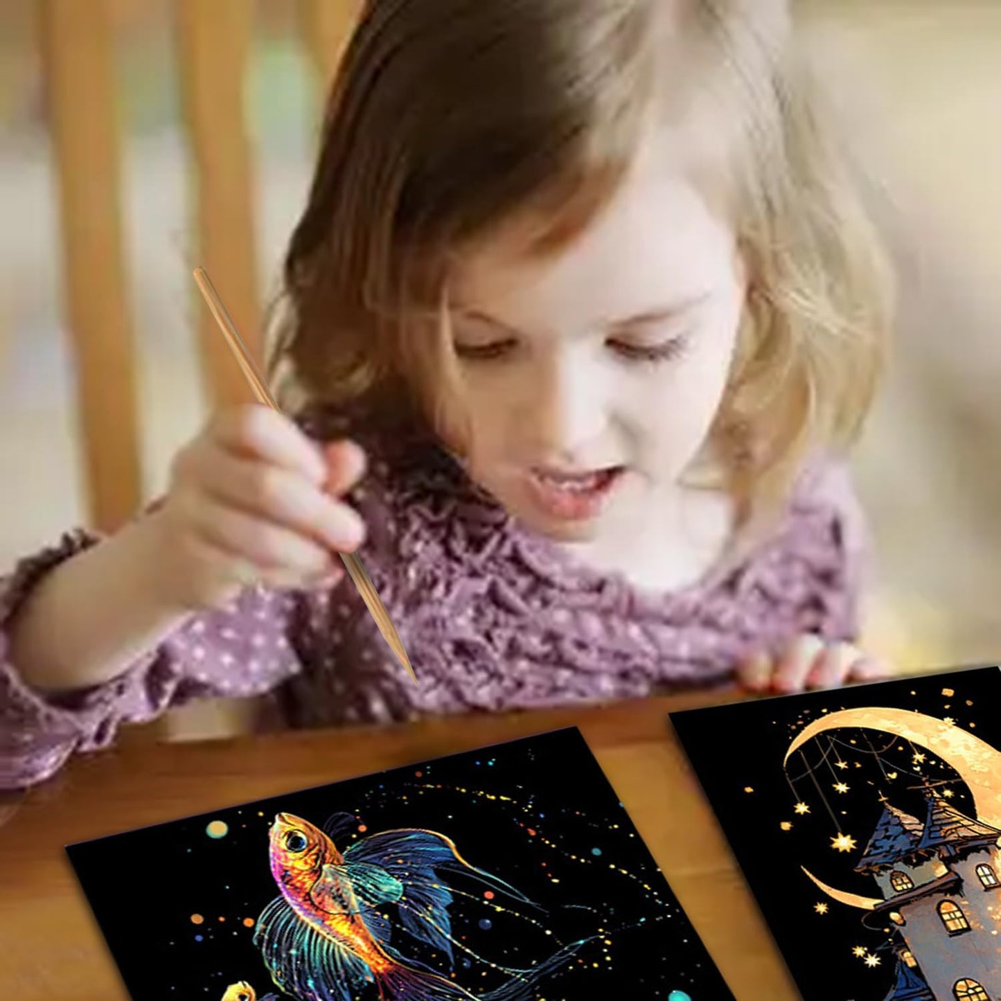 Georgie Porgy Scratch Paper Art Set for Kids Adults Magic Rainbow Scratchboards for DIY Arts and Crafts Kits Christmas Birthday Gift with Scratching Tools Kit (A4-Noctilucent Whale + Sea World)