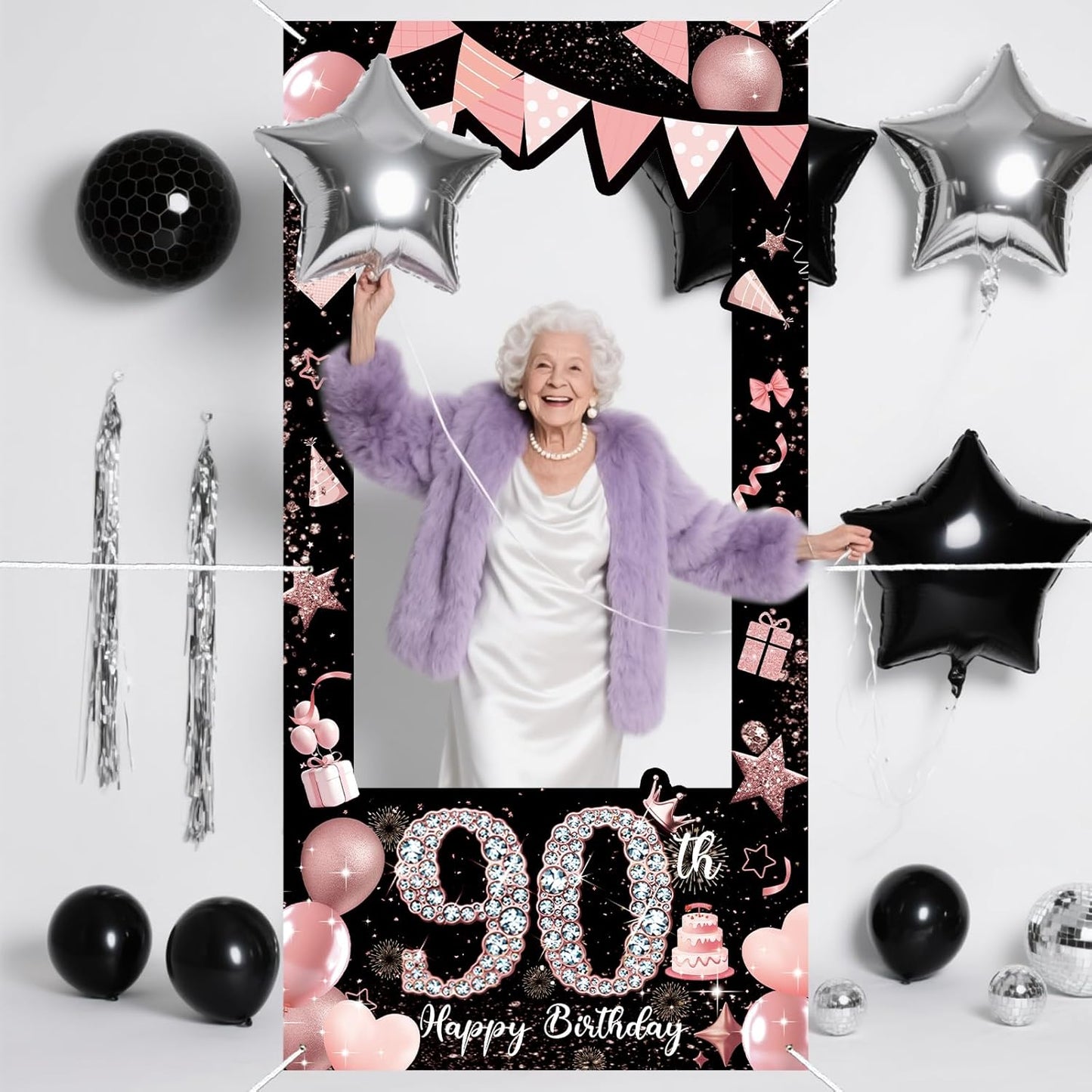 Pink 80th Birthday Neon Photography Banner Backdrop Glow Party Disco Dance Neon Theme Birthday Banner Photo Frame Props Props Selfie Background Face Cutout Photo Props Decoration