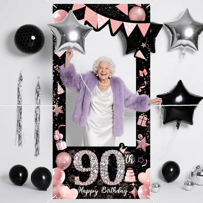 Pink 80th Birthday Neon Photography Banner Backdrop Glow Party Disco Dance Neon Theme Birthday Banner Photo Frame Props Props Selfie Background Face Cutout Photo Props Decoration