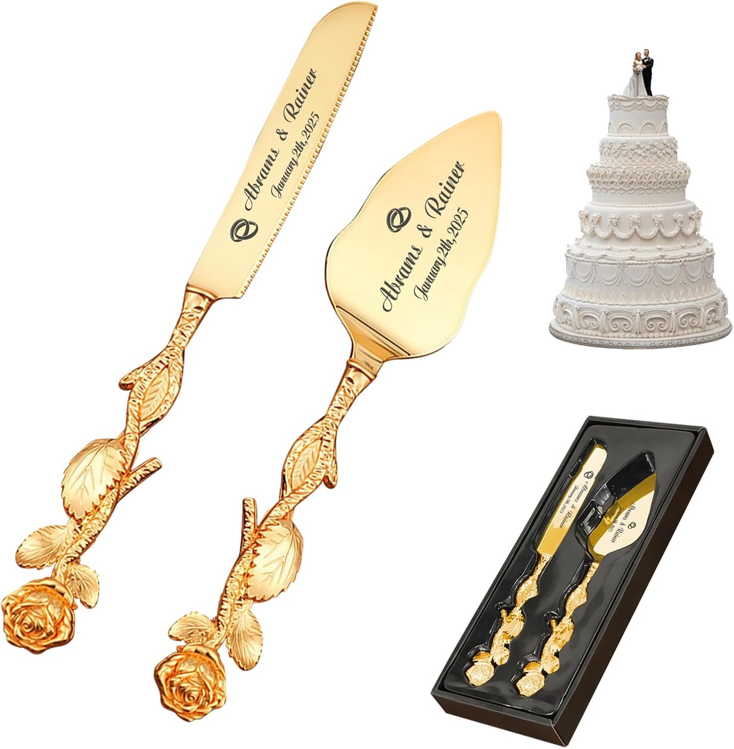 HJX Personalized Wedding Cake Knife and Server Set with Champagne Flutes, Custom Name Text Toasting Glasses for Bride and Groom, Cake Cutting Set Ideal Wedding Engagement Bridal Shower Gift