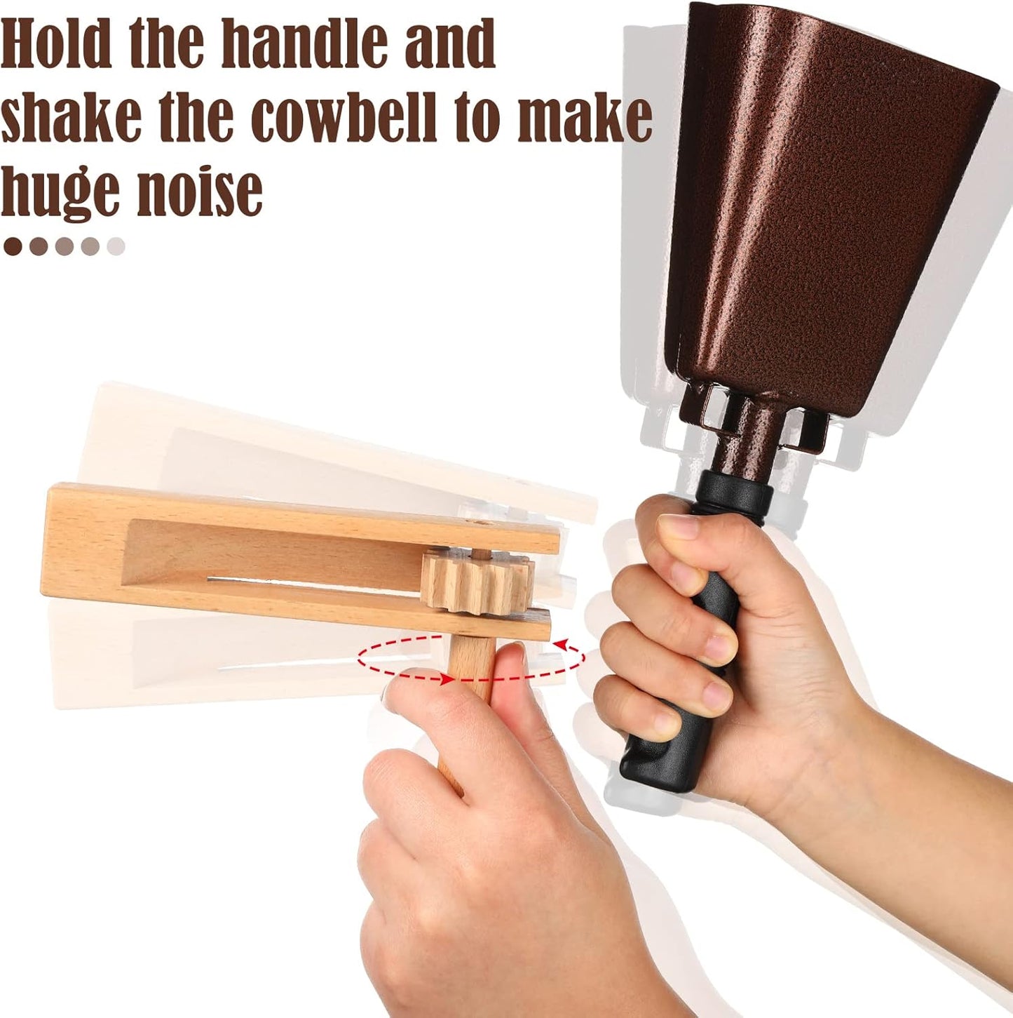 Nuanchu 10 Inch Cowbell Noise Makers for Sport Event Steel Cowbell with Handle and 2 Pcs Wooden Spinning Rattle Ratchet Matraca Cheer Bell Alarm for Football Game Musical Percussion Instruments(Brown)