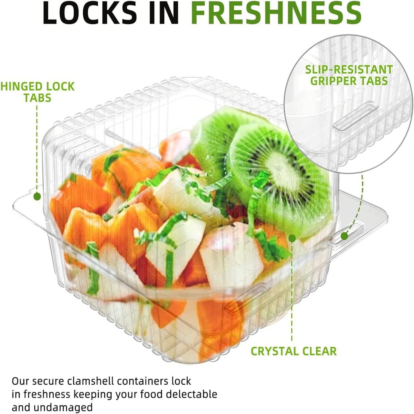 Axe Sickle 50 Count Clear Plastic Hinged Take Out Containers Clamshell Takeout Tray Food Clamshell Containers Outside Diameter for Dessert, Snacksetc, Cakes Slice, Cookies, Salads
