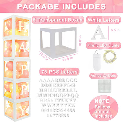 Ledido Transparent Balloon Boxes, Clear Balloon Boxes with 5 Pcs String Lights and 78 Letters for Baby Shower Gender Reveal 2026 New Year Grad Party Birthday Anniversary Bridal Decor - 5 White Boxes
