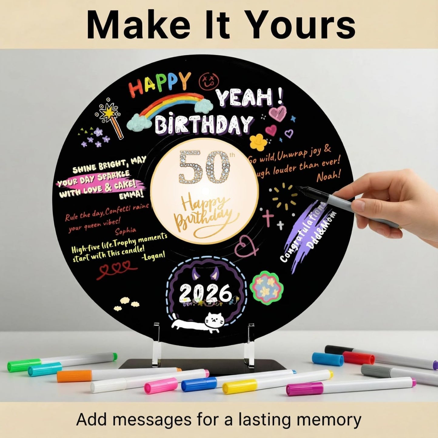 REEGII Vinyl Record Style Birthday Guest Book for Birthday Decorations - Large 11.6"x11.6" Sign-In Poster with 12 Pens | Unique Keepsake Gift for Birthday Party Decor (Happy Birthday, Golden, 11.6"L x 11.6"W)
