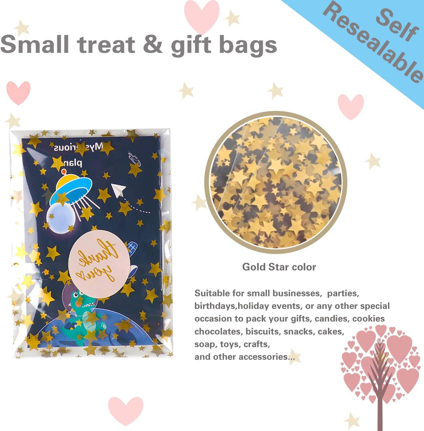 100 Pcs Star Printed 5"X 7" Gift Wrap Cello Cellophane Treat Bags Party Favor bags Clear Candy Cookie Bag Plastic Poly Goodie Storage Bag with Twist Ties for Bakery,Birthday, Wedding ,Party Decorations (Gold)