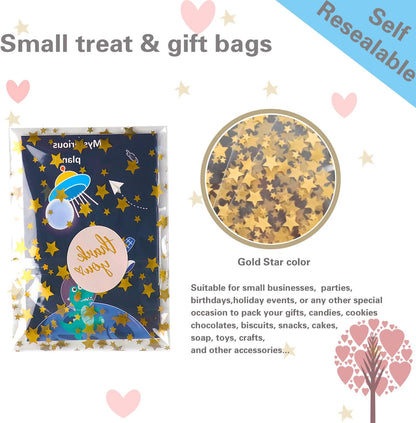 100 Pcs Star Printed 5"X 7" Gift Wrap Cello Cellophane Treat Bags Party Favor bags Clear Candy Cookie Bag Plastic Poly Goodie Storage Bag with Twist Ties for Bakery,Birthday, Wedding ,Party Decorations (Gold)
