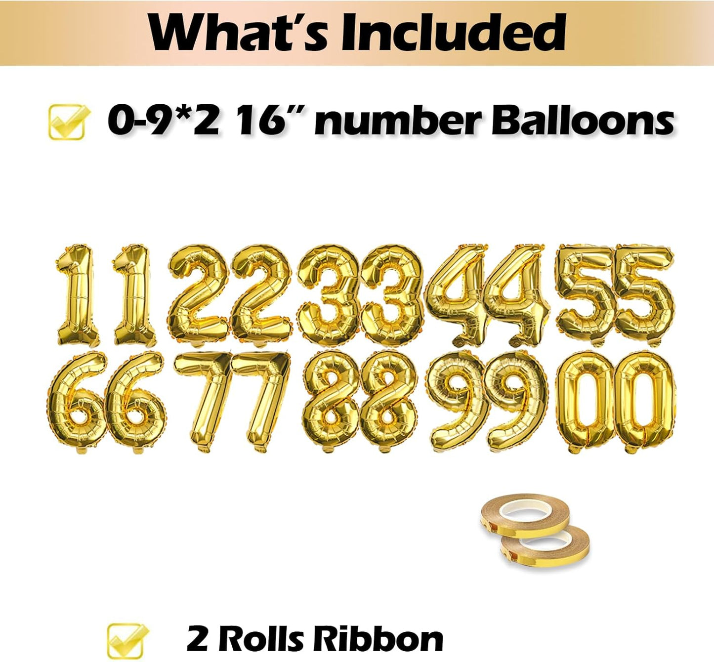 [20 Pcs] 16" Gold Foil Number Balloons (2 sets of 0-9) - Mylar Aluminum Hanging Decorations for Graduation, Birthday, Christmas & New Year's Eve Parties