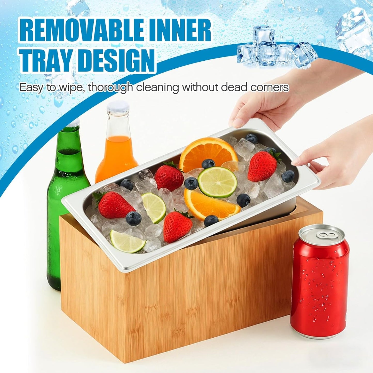 Ice Housing Bin with Removable Tray Ice Holder Container Wine Beer Champagne Drink Bucket Beverage Tub for Freezer Display Buffet Bar Counter Party Drink Chiller(Bamboo and Steel,21" X 13" X 5.5")