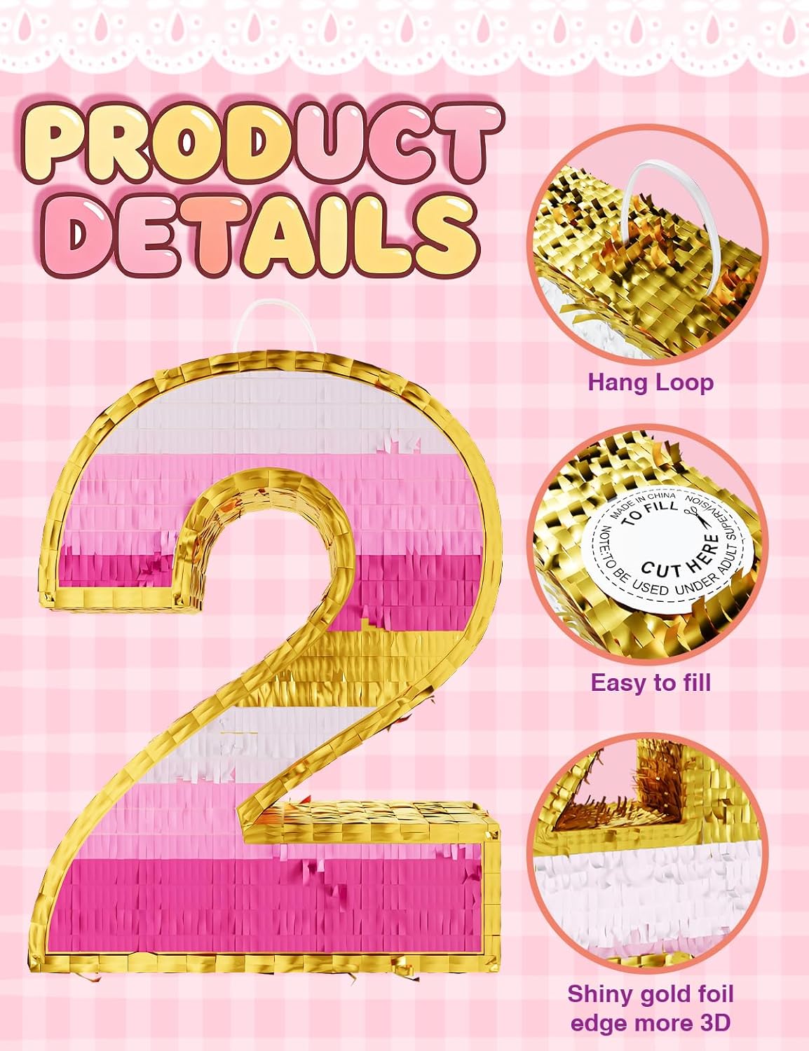 Number 5 Piñata with Stick, Blindfold & Confetti-Pink Piñata for Birthday Parties, Complete Party Game Set for Kids Girls-Gradient Pink Birthday Decor with Fillable Design(Small, 16.5 x 11.5 x 3 In)