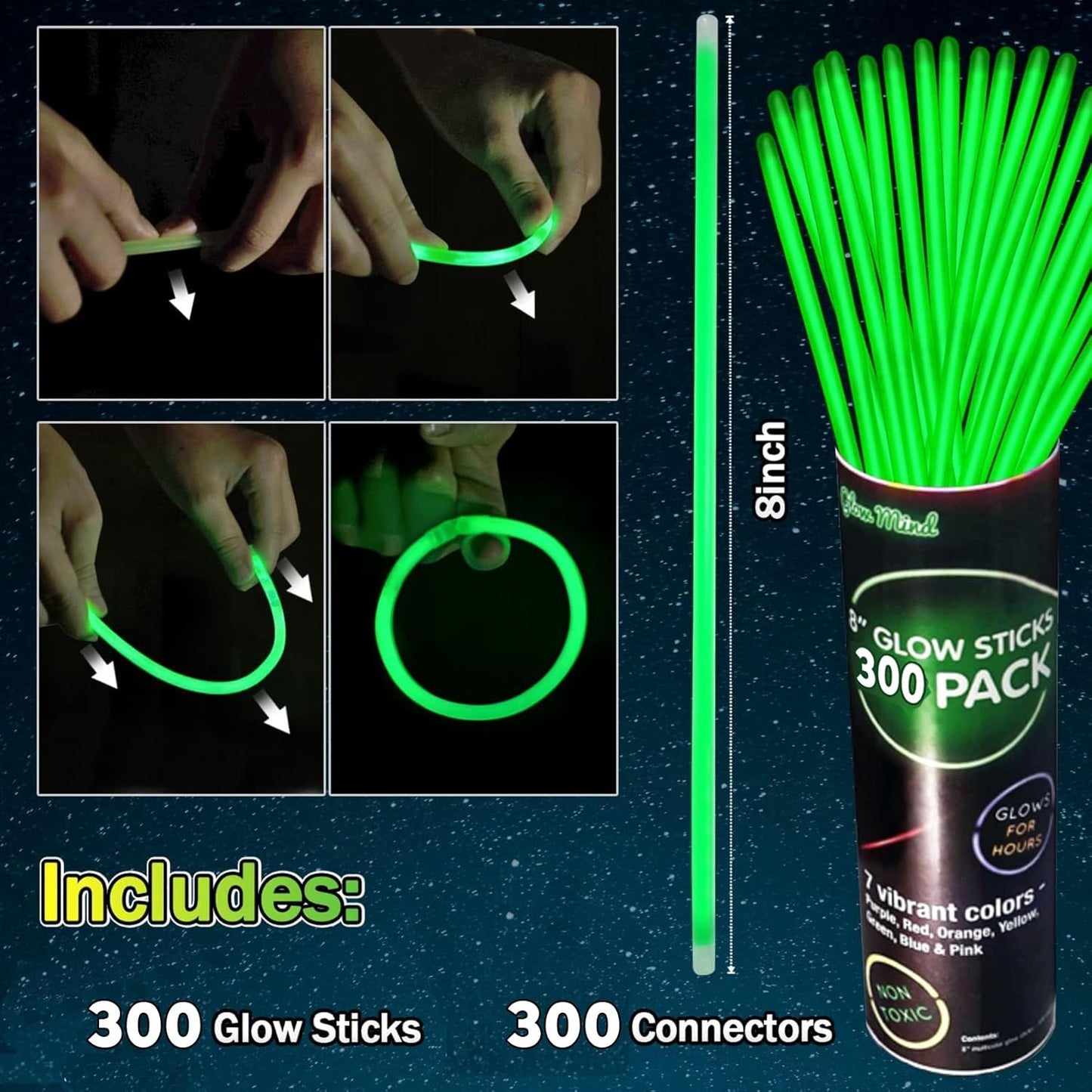 300 PCS Glow Sticks Bulk Glow Bracelet and Necklaces with 150PCS Connectors 8" Glowsticks Light Up Neon Party Favors for July 4th Halloween Wedding Birthday Hawii Carnival(RedBlueWhite)