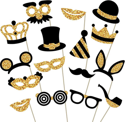 Premium Birthday Photo Booth Props Kit, 16 Black & Gold (No Glitter), Durable & Easy-to-Use Photobooth Props Signs for Memorable Photos & Unforgettable Celebrations by PixiPy
