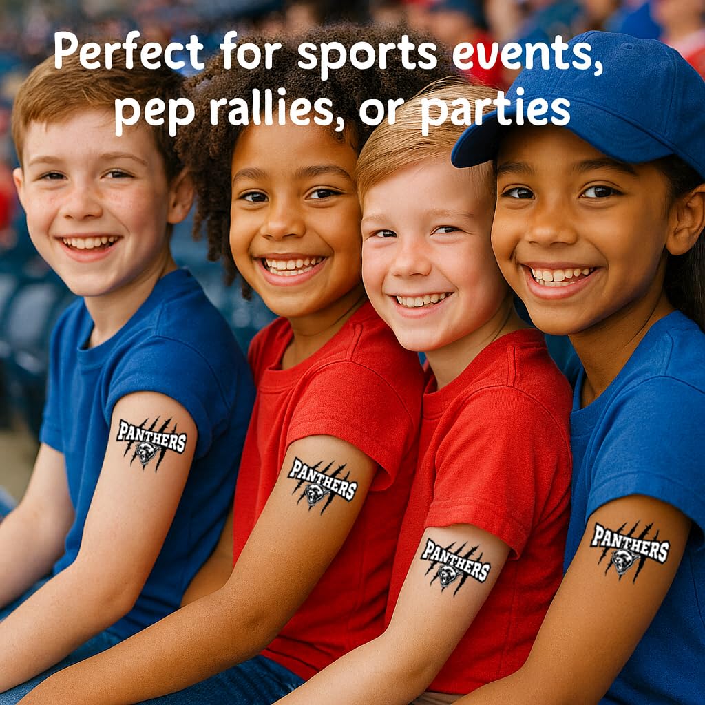 Panthers Mascot Temporary Tattoos for Kids – 25-Pack Pre-Cut, Skin-Safe and FDA Compliant – School Spirit and Sports Team Party Favors