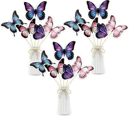 Beautiful Butterfly Centerpiece Sticks - Floral Baby Shower or Birthday Table Toppers - Butterfly Themed Gender Reveal Bridal Shower Party Decoration- Set of 15