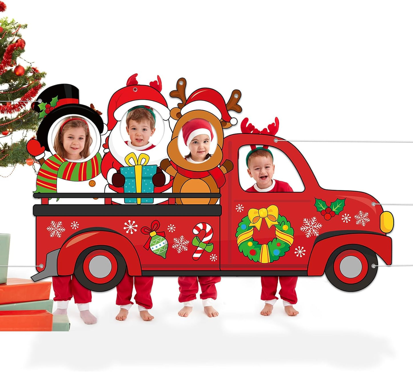 Large 75 Inch Christmas Red Truck Photo Prop Selfie Frame Christmas Party Decorations Large Fabric Red Truck Backdrop Reindeer Santa Claus Snowman Photo Booth Frame for Winter Xmas Holiday Party Decor