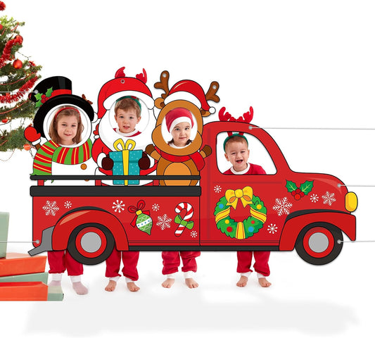 Large 75 Inch Christmas Red Truck Photo Prop Selfie Frame Christmas Party Decorations Large Fabric Red Truck Backdrop Reindeer Santa Claus Snowman Photo Booth Frame for Winter Xmas Holiday Party Decor